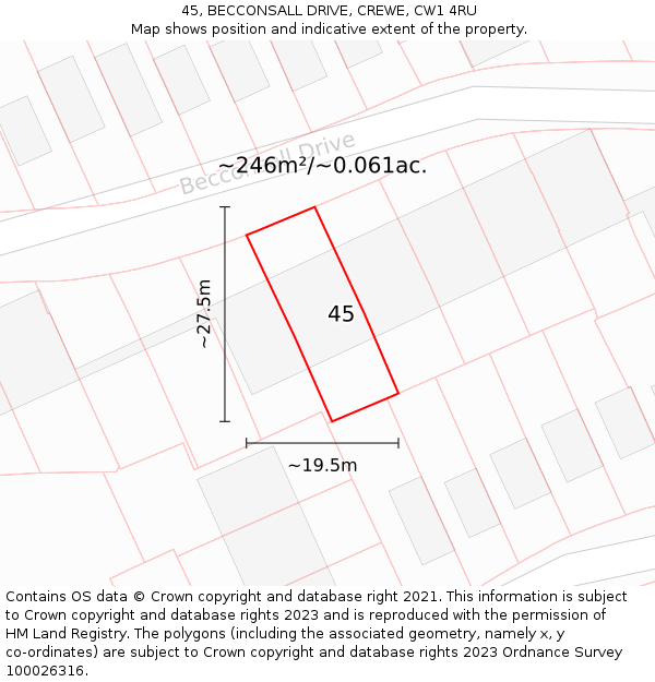 45, BECCONSALL DRIVE, CREWE, CW1 4RU: Plot and title map