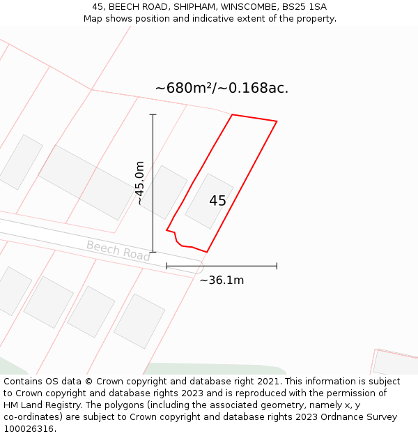 45, BEECH ROAD, SHIPHAM, WINSCOMBE, BS25 1SA: Plot and title map