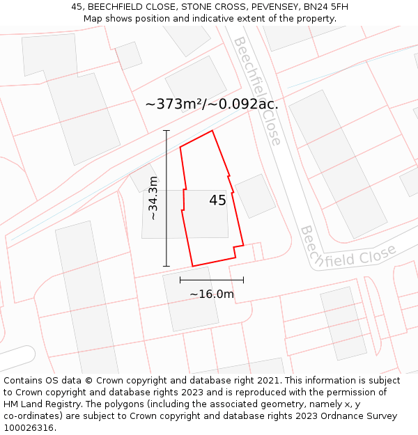 45, BEECHFIELD CLOSE, STONE CROSS, PEVENSEY, BN24 5FH: Plot and title map