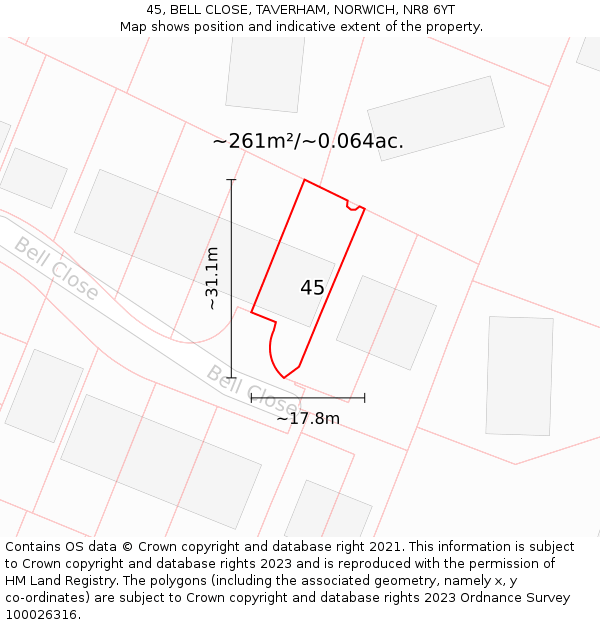 45, BELL CLOSE, TAVERHAM, NORWICH, NR8 6YT: Plot and title map
