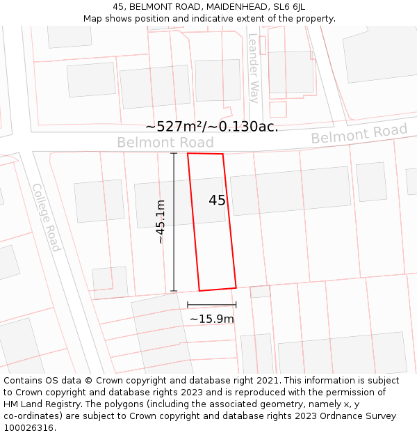 45, BELMONT ROAD, MAIDENHEAD, SL6 6JL: Plot and title map