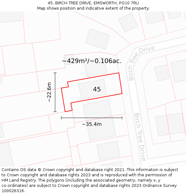 45, BIRCH TREE DRIVE, EMSWORTH, PO10 7RU: Plot and title map