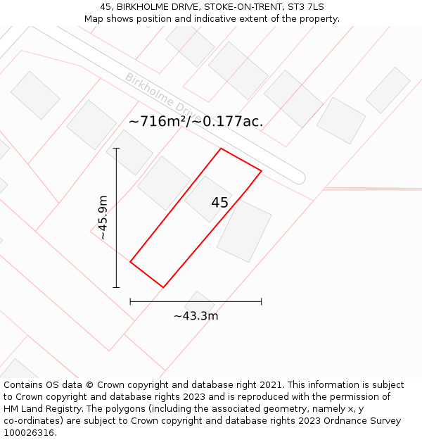 45, BIRKHOLME DRIVE, STOKE-ON-TRENT, ST3 7LS: Plot and title map