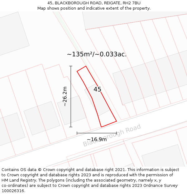 45, BLACKBOROUGH ROAD, REIGATE, RH2 7BU: Plot and title map