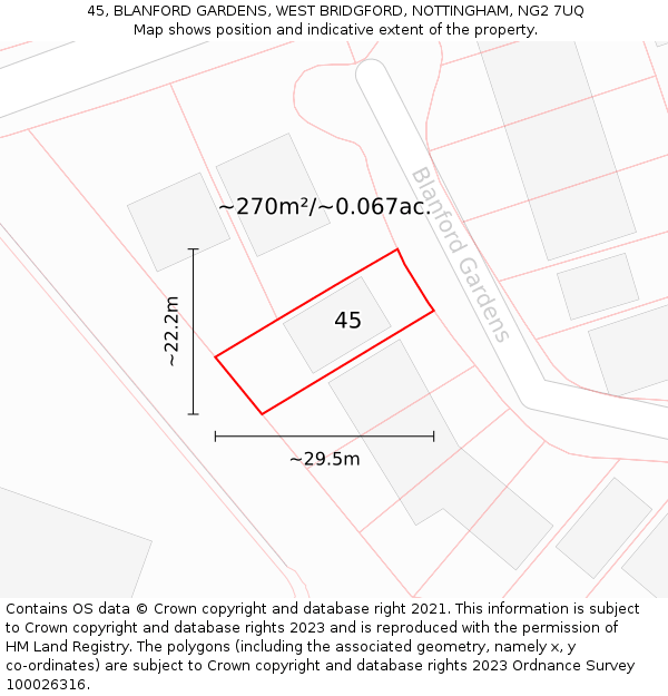 45, BLANFORD GARDENS, WEST BRIDGFORD, NOTTINGHAM, NG2 7UQ: Plot and title map