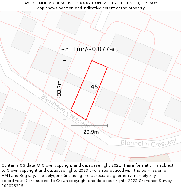 45, BLENHEIM CRESCENT, BROUGHTON ASTLEY, LEICESTER, LE9 6QY: Plot and title map