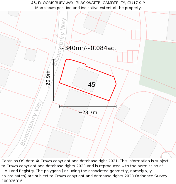 45, BLOOMSBURY WAY, BLACKWATER, CAMBERLEY, GU17 9LY: Plot and title map