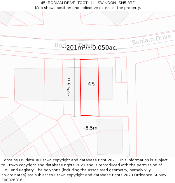 45, BODIAM DRIVE, TOOTHILL, SWINDON, SN5 8BE: Plot and title map