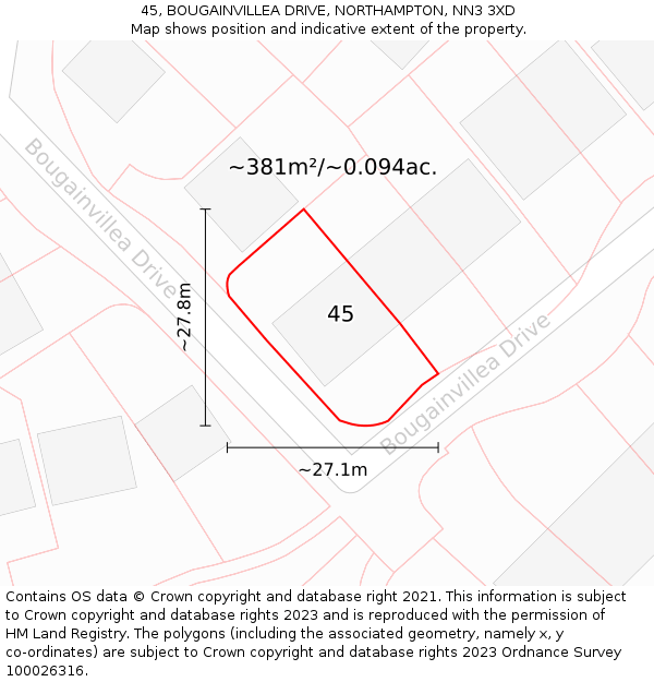 45, BOUGAINVILLEA DRIVE, NORTHAMPTON, NN3 3XD: Plot and title map