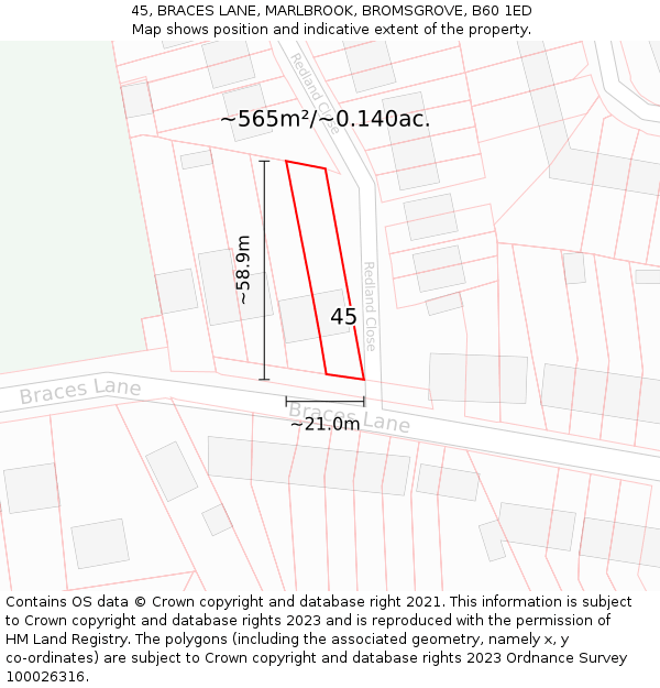 45, BRACES LANE, MARLBROOK, BROMSGROVE, B60 1ED: Plot and title map