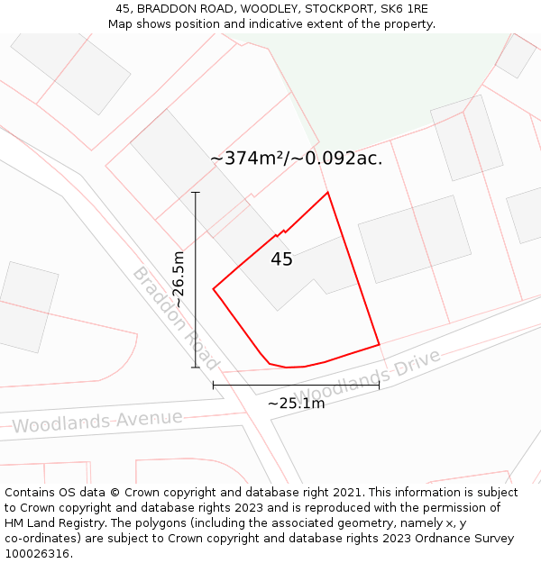 45, BRADDON ROAD, WOODLEY, STOCKPORT, SK6 1RE: Plot and title map