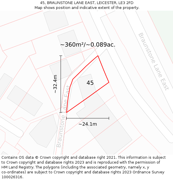 45, BRAUNSTONE LANE EAST, LEICESTER, LE3 2FD: Plot and title map