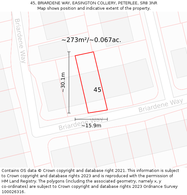 45, BRIARDENE WAY, EASINGTON COLLIERY, PETERLEE, SR8 3NR: Plot and title map