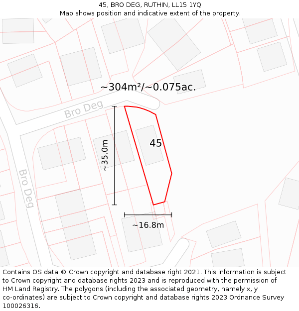 45, BRO DEG, RUTHIN, LL15 1YQ: Plot and title map