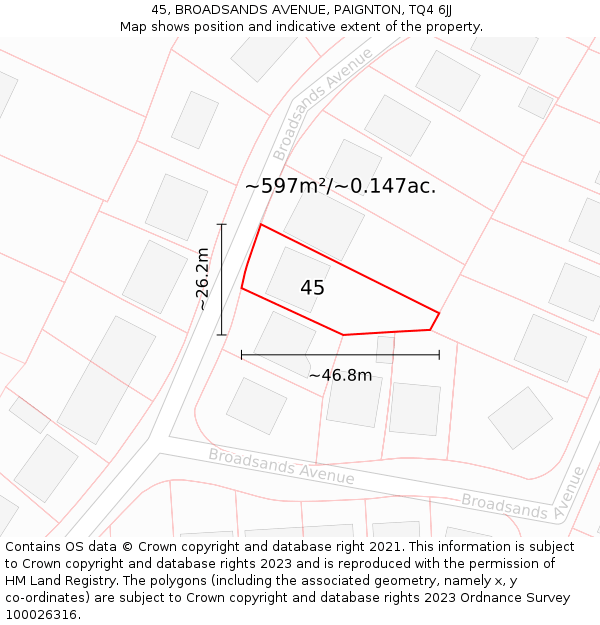 45, BROADSANDS AVENUE, PAIGNTON, TQ4 6JJ: Plot and title map