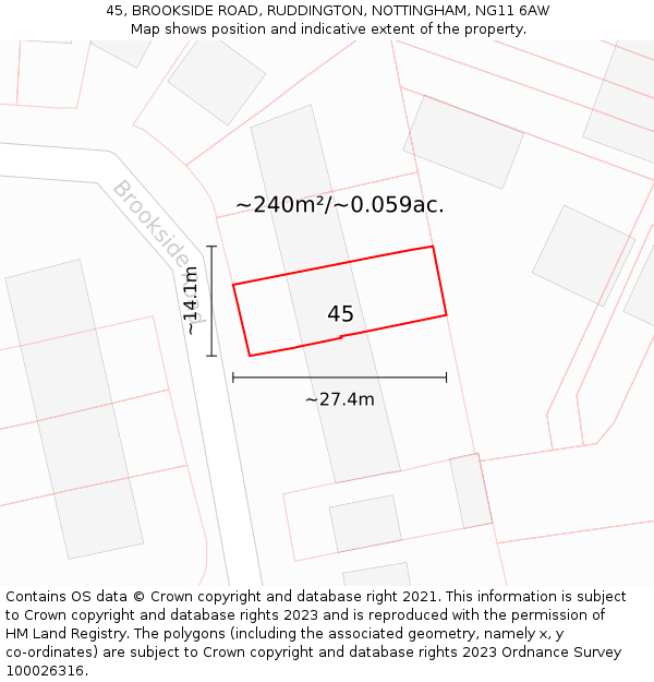 45, BROOKSIDE ROAD, RUDDINGTON, NOTTINGHAM, NG11 6AW: Plot and title map