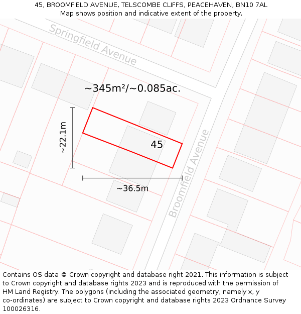 45, BROOMFIELD AVENUE, TELSCOMBE CLIFFS, PEACEHAVEN, BN10 7AL: Plot and title map