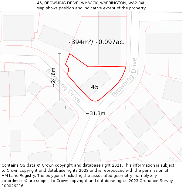 45, BROWNING DRIVE, WINWICK, WARRINGTON, WA2 8XL: Plot and title map