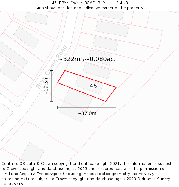 45, BRYN CWNIN ROAD, RHYL, LL18 4UB: Plot and title map