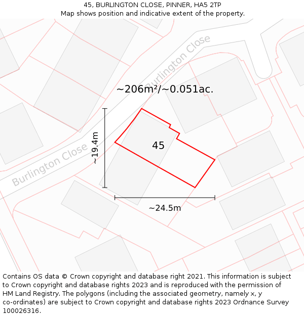 45, BURLINGTON CLOSE, PINNER, HA5 2TP: Plot and title map