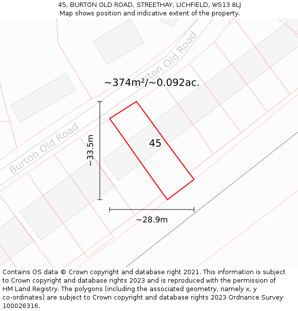 45, BURTON OLD ROAD, STREETHAY, LICHFIELD, WS13 8LJ: Plot and title map