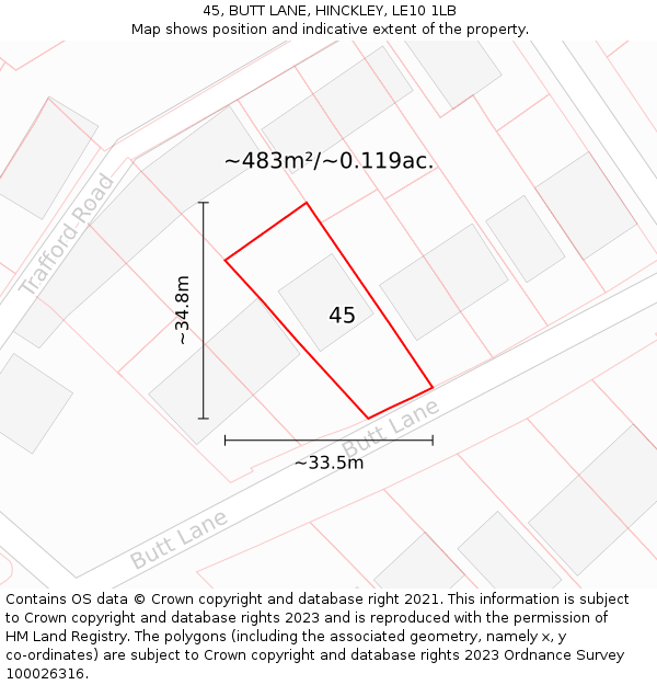 45, BUTT LANE, HINCKLEY, LE10 1LB: Plot and title map