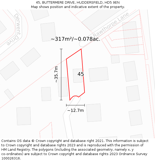 45, BUTTERMERE DRIVE, HUDDERSFIELD, HD5 9EN: Plot and title map