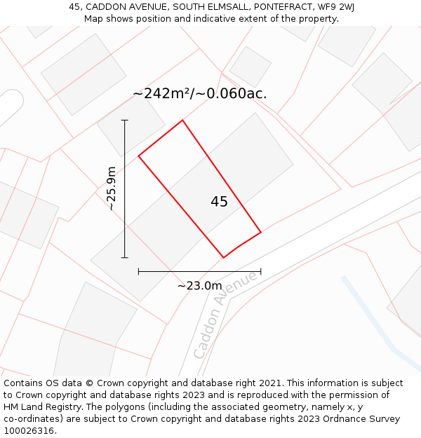 45, CADDON AVENUE, SOUTH ELMSALL, PONTEFRACT, WF9 2WJ: Plot and title map