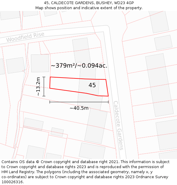 45, CALDECOTE GARDENS, BUSHEY, WD23 4GP: Plot and title map