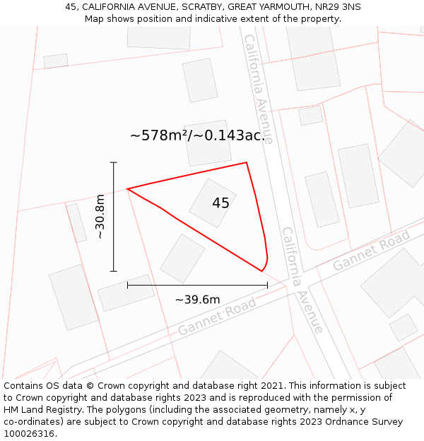 45, CALIFORNIA AVENUE, SCRATBY, GREAT YARMOUTH, NR29 3NS: Plot and title map