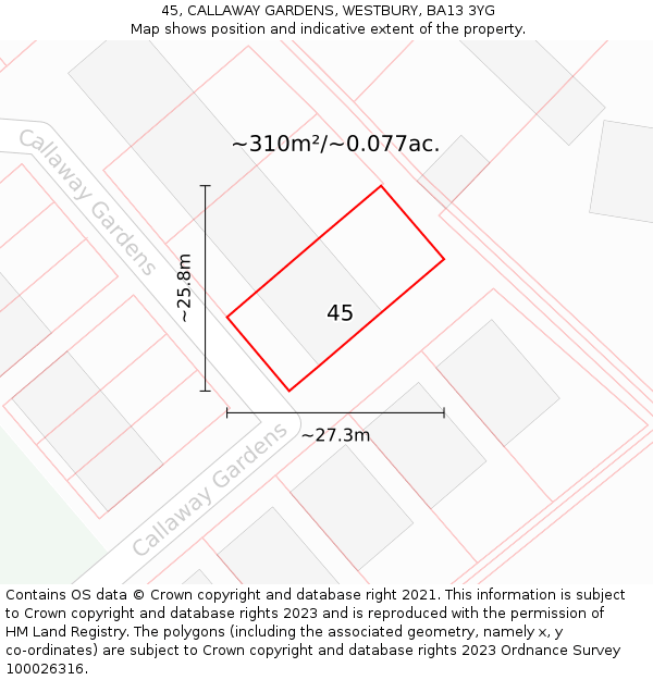 45, CALLAWAY GARDENS, WESTBURY, BA13 3YG: Plot and title map