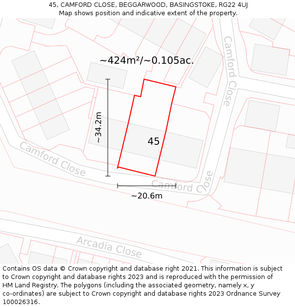 45, CAMFORD CLOSE, BEGGARWOOD, BASINGSTOKE, RG22 4UJ: Plot and title map