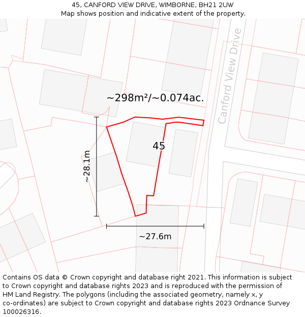 45, CANFORD VIEW DRIVE, WIMBORNE, BH21 2UW: Plot and title map