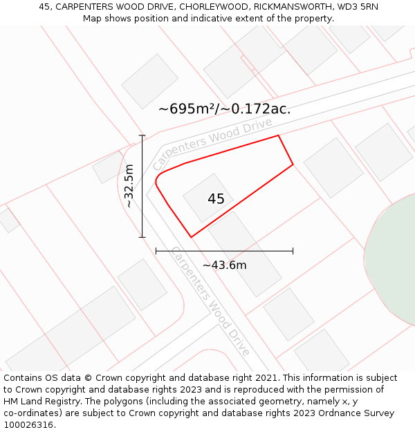 45, CARPENTERS WOOD DRIVE, CHORLEYWOOD, RICKMANSWORTH, WD3 5RN: Plot and title map