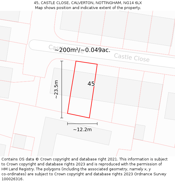 45, CASTLE CLOSE, CALVERTON, NOTTINGHAM, NG14 6LX: Plot and title map