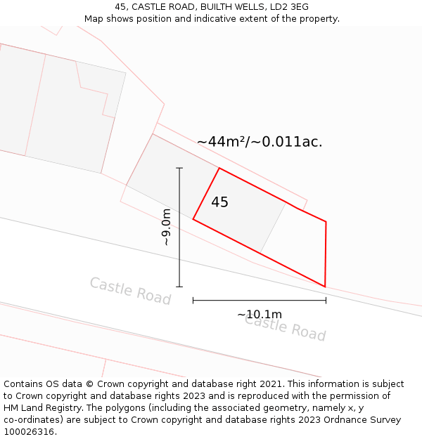 45, CASTLE ROAD, BUILTH WELLS, LD2 3EG: Plot and title map