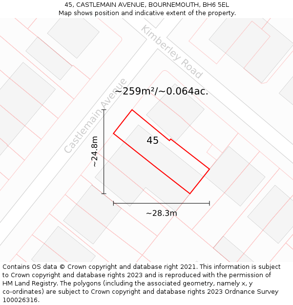 45, CASTLEMAIN AVENUE, BOURNEMOUTH, BH6 5EL: Plot and title map