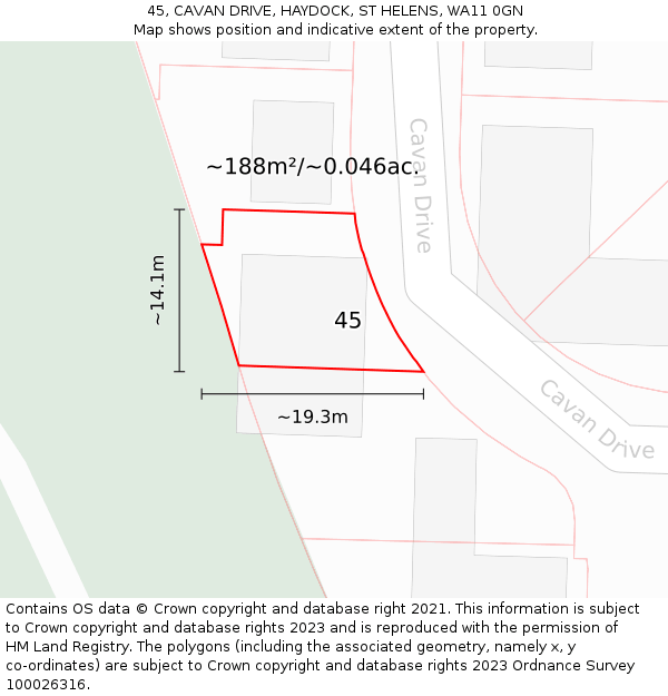 45, CAVAN DRIVE, HAYDOCK, ST HELENS, WA11 0GN: Plot and title map