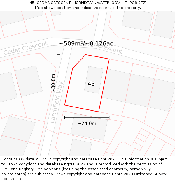 45, CEDAR CRESCENT, HORNDEAN, WATERLOOVILLE, PO8 9EZ: Plot and title map