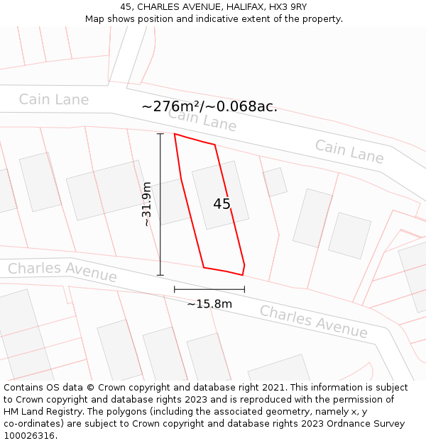 45, CHARLES AVENUE, HALIFAX, HX3 9RY: Plot and title map