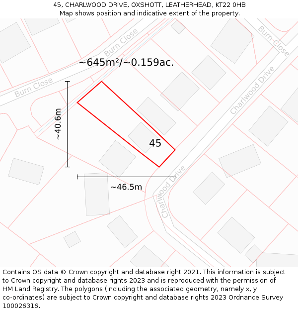 45, CHARLWOOD DRIVE, OXSHOTT, LEATHERHEAD, KT22 0HB: Plot and title map