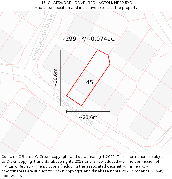 45, CHATSWORTH DRIVE, BEDLINGTON, NE22 5YS: Plot and title map