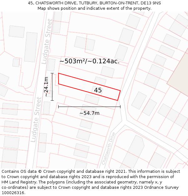 45, CHATSWORTH DRIVE, TUTBURY, BURTON-ON-TRENT, DE13 9NS: Plot and title map