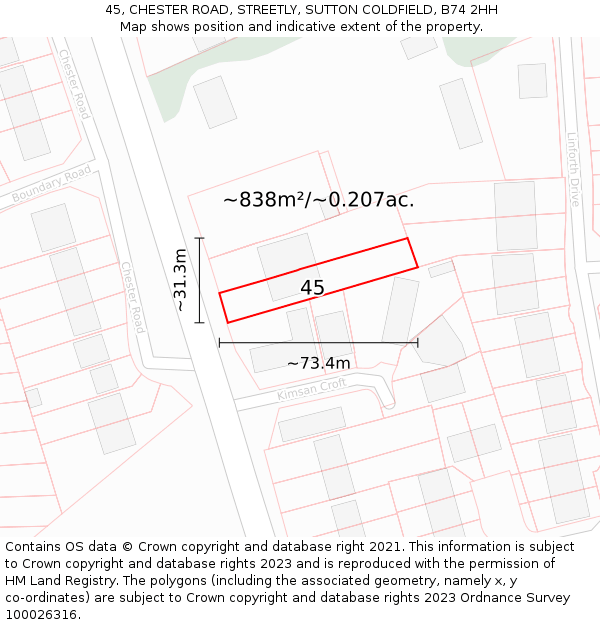 45, CHESTER ROAD, STREETLY, SUTTON COLDFIELD, B74 2HH: Plot and title map