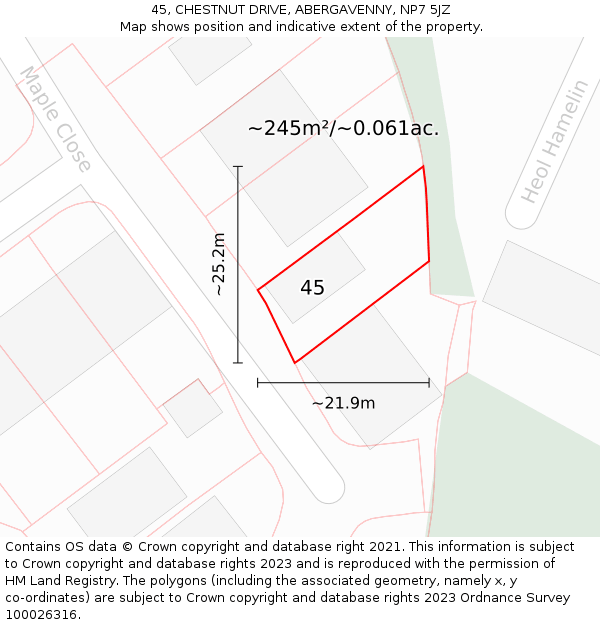 45, CHESTNUT DRIVE, ABERGAVENNY, NP7 5JZ: Plot and title map