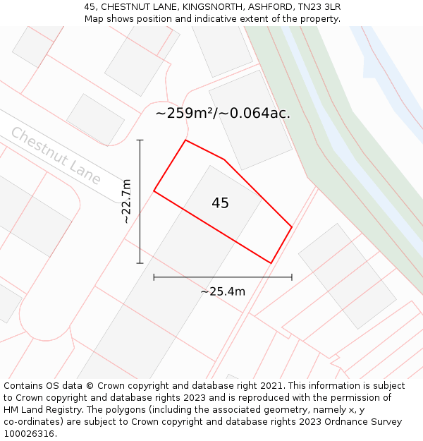 45, CHESTNUT LANE, KINGSNORTH, ASHFORD, TN23 3LR: Plot and title map