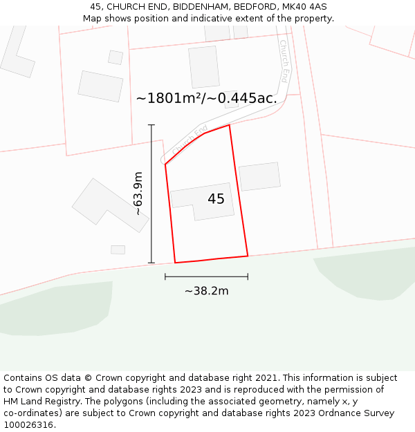 45, CHURCH END, BIDDENHAM, BEDFORD, MK40 4AS: Plot and title map