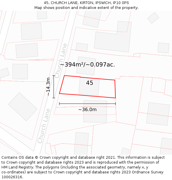 45, CHURCH LANE, KIRTON, IPSWICH, IP10 0PS: Plot and title map