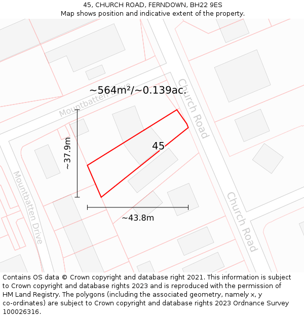 45, CHURCH ROAD, FERNDOWN, BH22 9ES: Plot and title map