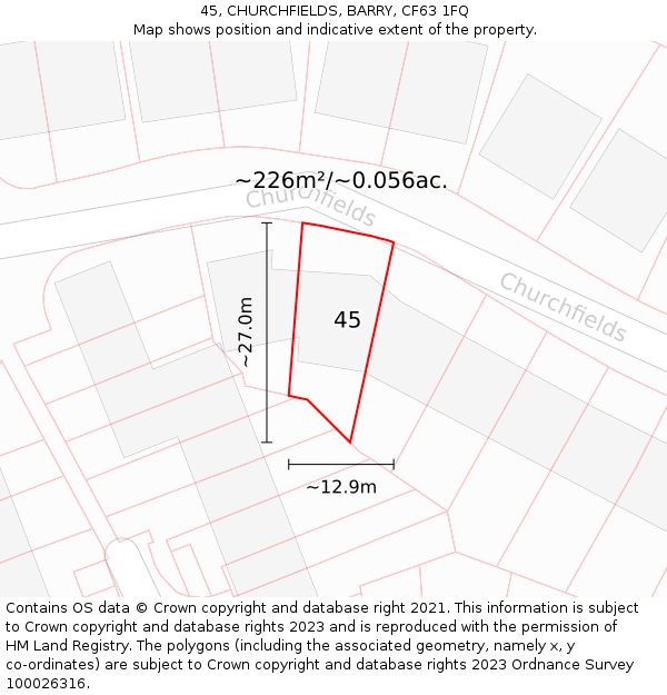 45, CHURCHFIELDS, BARRY, CF63 1FQ: Plot and title map